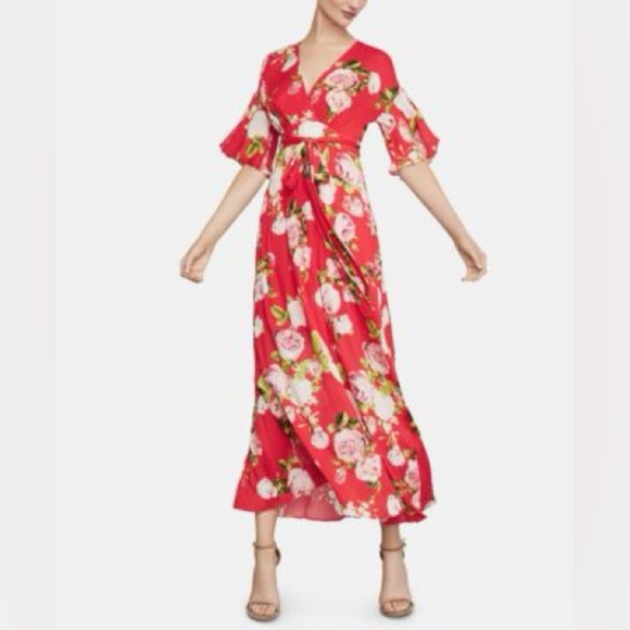 BCBGMaxAzria Flutter Sleeve In Bloom Floral Print Faux Wrap Maxi Dress Size XS - Picture 8 of 8